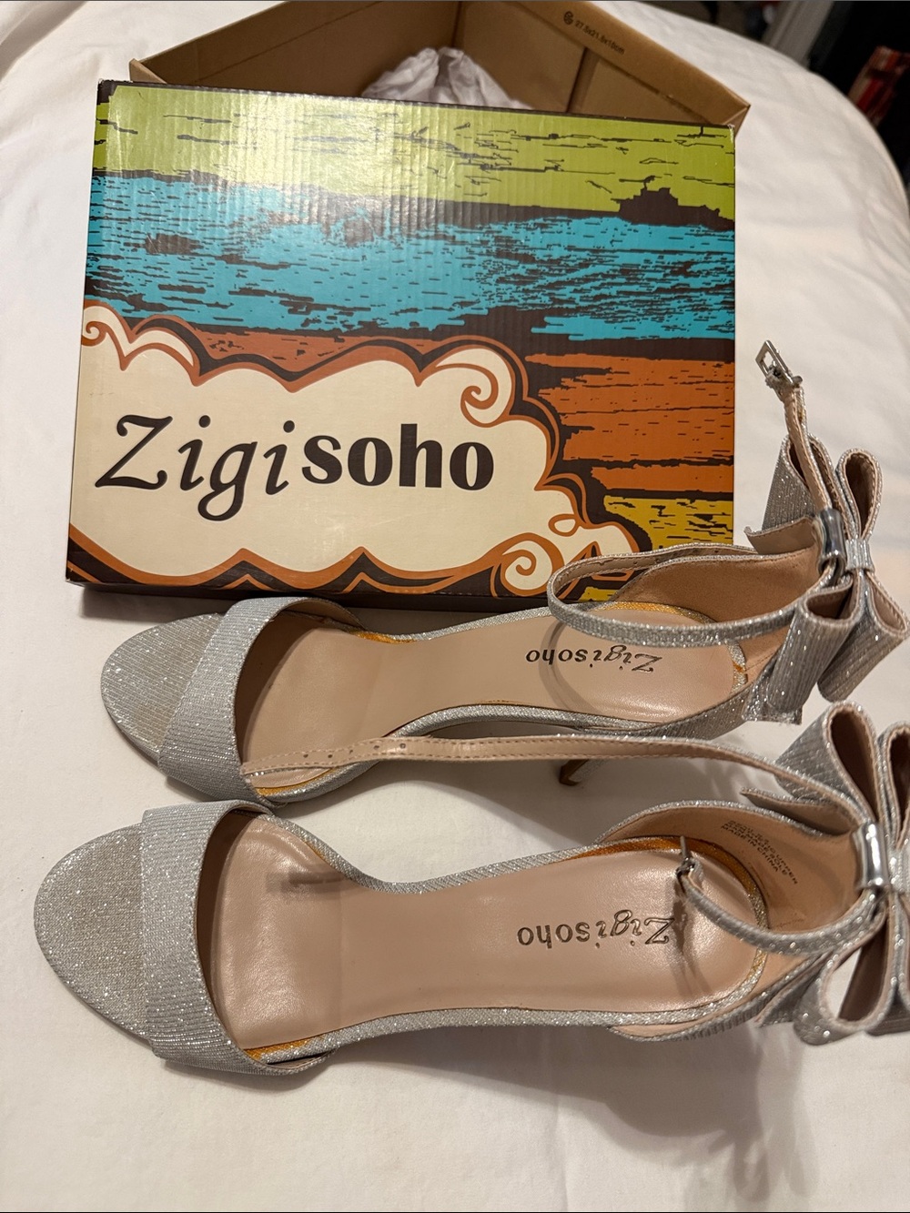 Zigi Soho Silver Glitter Ankle-Strap Heels with Bow Detail